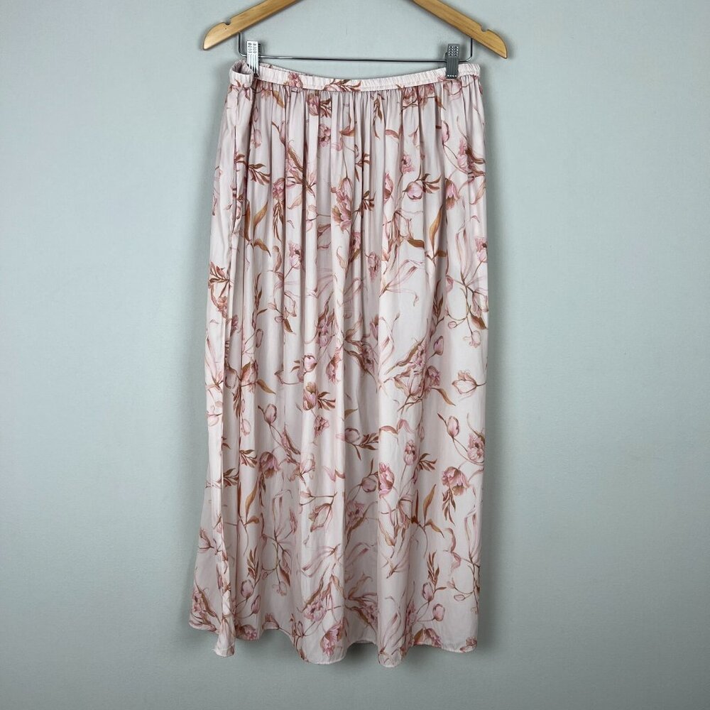 T Tahari Maxi Skirt Womens Large Cream‎ Pink Floral A-Line Stretch Lightweight L